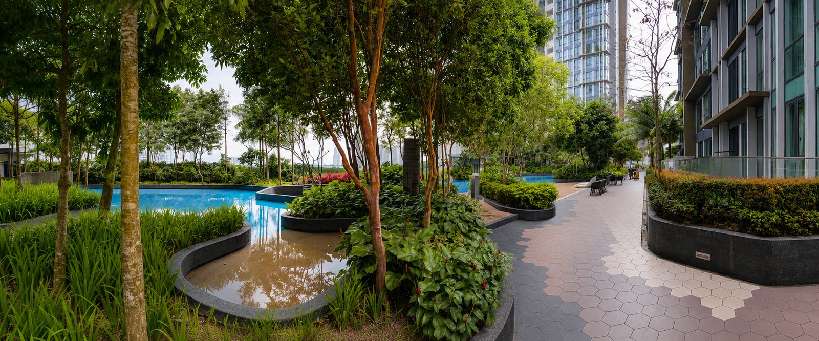 Landscaped gardens and pool deck at the Camou Student Residence